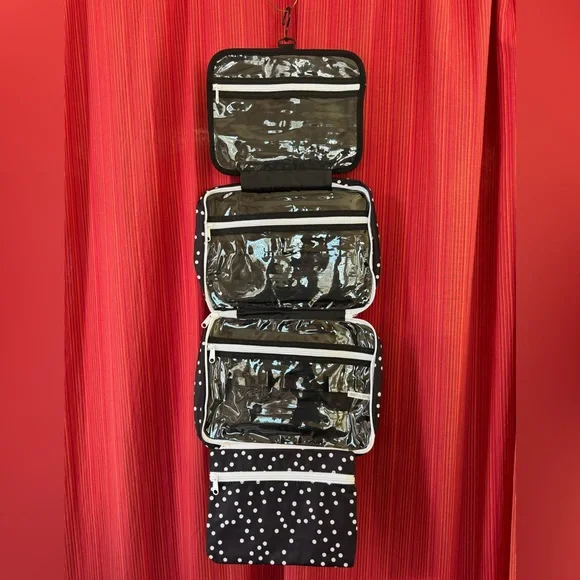 B&C Black and White Polka Dot Large Cosmetic Hanging Travel Bag - Picture 2 of 7